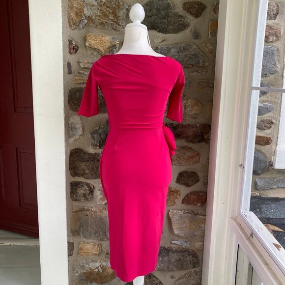CHIARA BONI LA PETITE ROBE Mimmaly Side-Knot Sheath Faux Wrap Dress FUSCHIA $695 - Picture 7 of 12